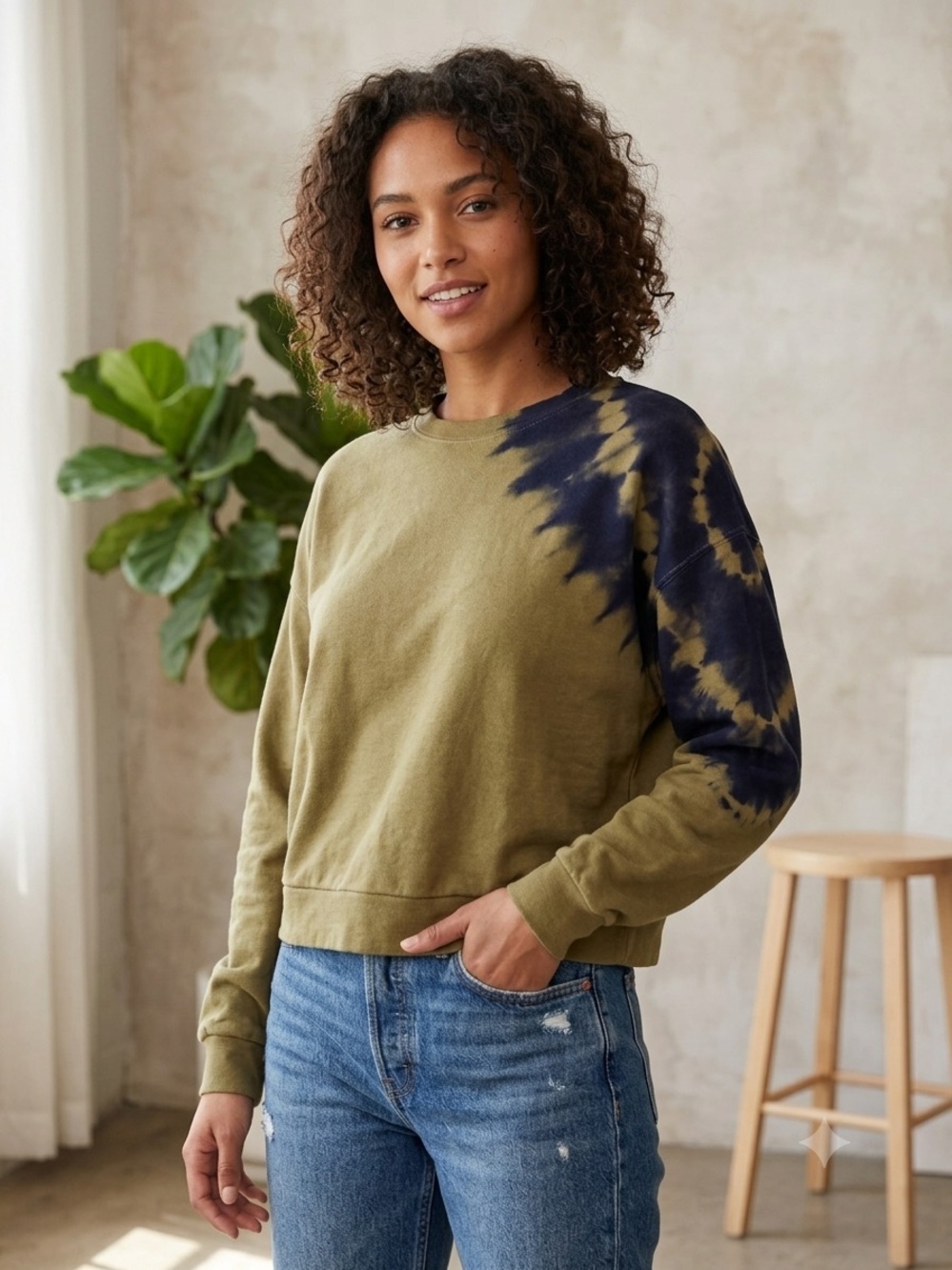 JoyLab Olive Green Crewneck Sweatshirt with Navy Tie-Dye Shoulder, Size Small